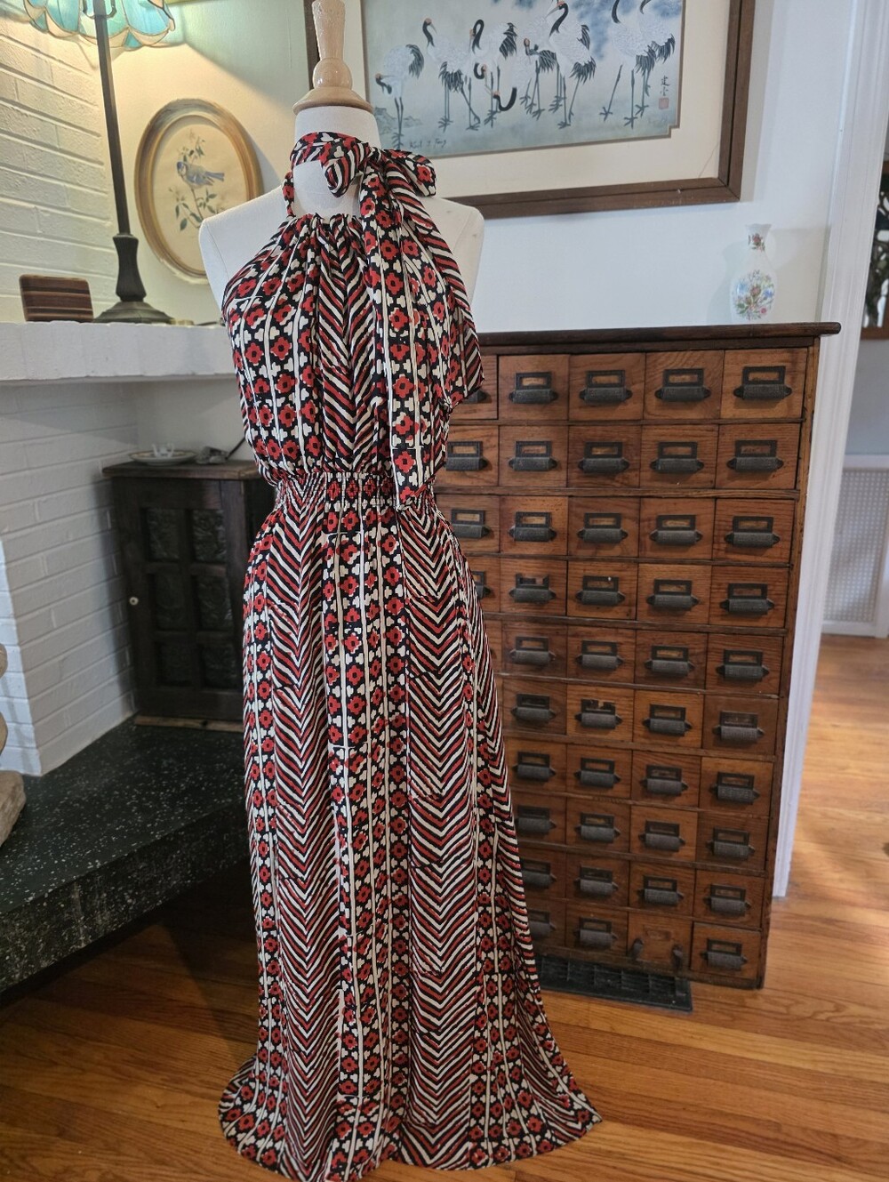 Parker 100% Silk Patterned Red And White Maxi Halter Dress Size Small - Picture 3 of 14